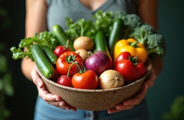 Fototapeta premium Woman holds bowl filled with fresh vegetables. Assortment includes tomatoes, cucumbers, bell pepper, onion, broccoli, and leafy greens. Healthy food concept for fresh meals.