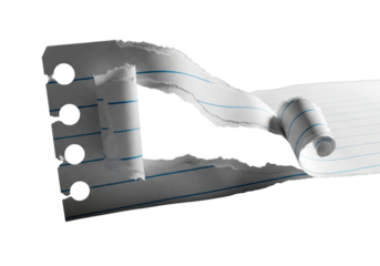 Extreme macro studio shot of aged, ripped lined paper with intricate frayed fibers, vibrant blue lines, and precise perforations on a transparent background, meticulous examination concept