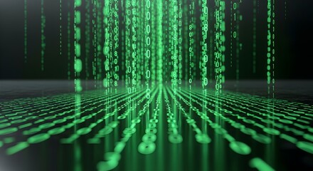 Digital binary code rain falling over dark surface, cinematic matrix effect, mysterious sci-fi feel