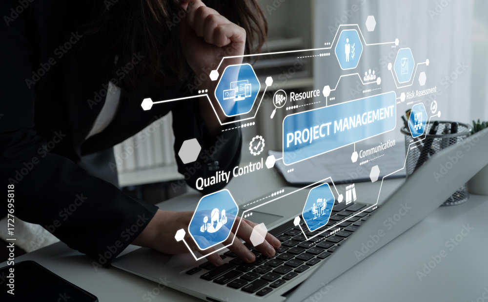 Poster a focused professional analyzes project management strategies on a laptop, featuring graphics and ic