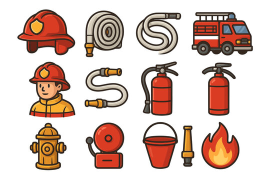Firefighting equipment and firefighter icon set in cartoon style