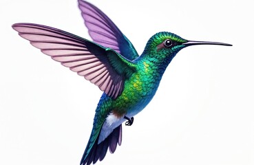 Fototapeta premium Detailed editorial illustration of a vibrant green and blue hummingbird in flight. The bird has iridescent feathers and elegant wings with purple accents, set against a clean white background.