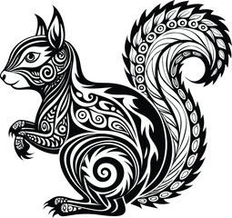 Decorative tribal silhouette of a squirrel with swirling patterns inside the body and tail