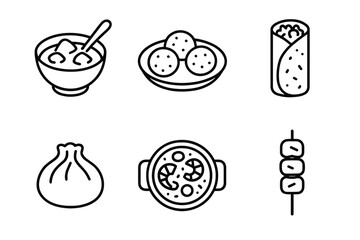 Icon set of popular global foods: soup, dumplings, wraps, pizza, skewer, and meatballs