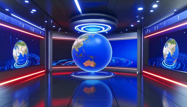 Modern Broadcast Studio with Globe Display and Futuristic Design
