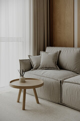 Soft-toned living room with light gray sofa, round wooden coffee table, and floor-length curtains.