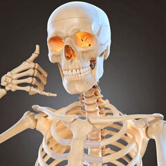 Glowing skeleton with devil smile making call me back gesture. Phone Call Gesture.