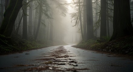 Obraz premium Foggy forest road, cinematic lighting, moody atmosphere