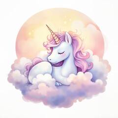 Fototapeta premium A magical unicorn sleeping on a pastel cloud. Cute fairytale character illustration. Isolated on white background.