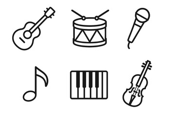 Obraz premium Outline icons of musical instruments and symbols: guitar, drum, microphone, note, piano, violin