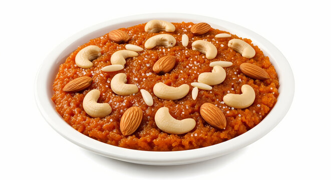 Gajar ka Halwa sweet dessert in white bowl with almonds and cashews in warm orange lighting on white background for Indian cuisine.