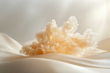 A delicate, light beige crystalline structure resembles coral, resting on soft, flowing fabric.