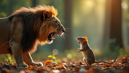 Mouse tries to roar like a lion, symbolizing false bravado and courage. Small creature challenges big predator in forest clearing with soft light.