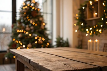 Wooden Table In Front Of Blurred Christmas Tree And Wreath surface planks