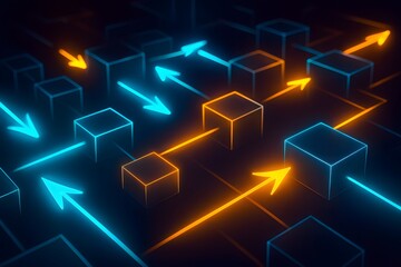 Abstract network concept with connecting boxes and directional arrows glowing neon