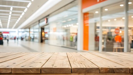 Wooden Table in Front of Blurred Indoor Shopping Mall Corridor with Storefronts wood surface