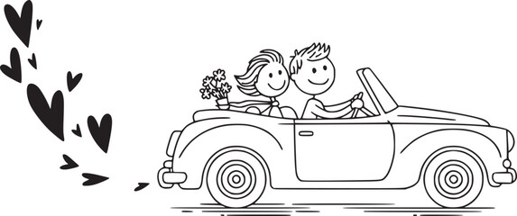 Obraz premium Road trip to romance: A cartoon captures the essence of love and adventure as a couple sets off on a road trip in a classic convertible, hearts trailing them