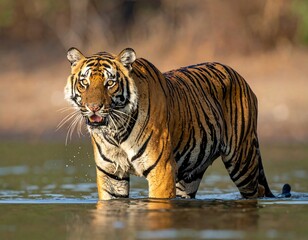 Naklejka premium Tiger wading in shallow water (2)