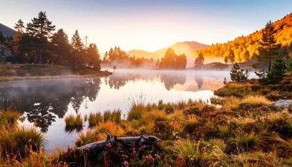 Serene lake reflects foggy sunrise amidst autumnal forest, golden light and soft shadows