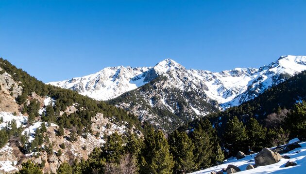 Snowy mountain range with pine trees - Powered by Adobe