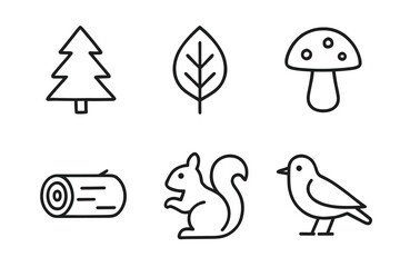 Fototapeta premium Outline illustrations of nature elements: tree, leaf, mushroom, log, squirrel, bird