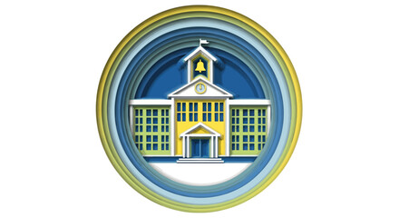 Vibrant Stylized School Building with Bell Tower Icon in Layered Circular Frame.