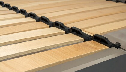 Close-up of a wooden slatted bed frame with black plastic joints, horizontal view