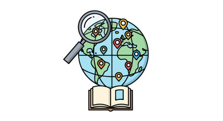 Magnifying Glass Over World Globe with Location Pins and Open Book.