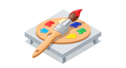 Isometric Artists Palette with Paintbrush and Colorful Paints.