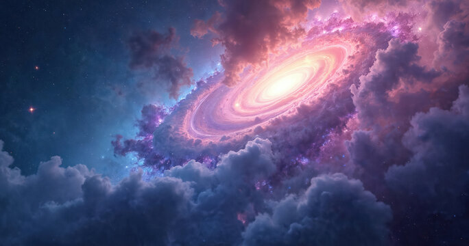 Cosmic spiral galaxy with pink and purple clouds surrounds a bright central star. Deep space with distant stars and nebula forms a breathtaking celestial panorama.