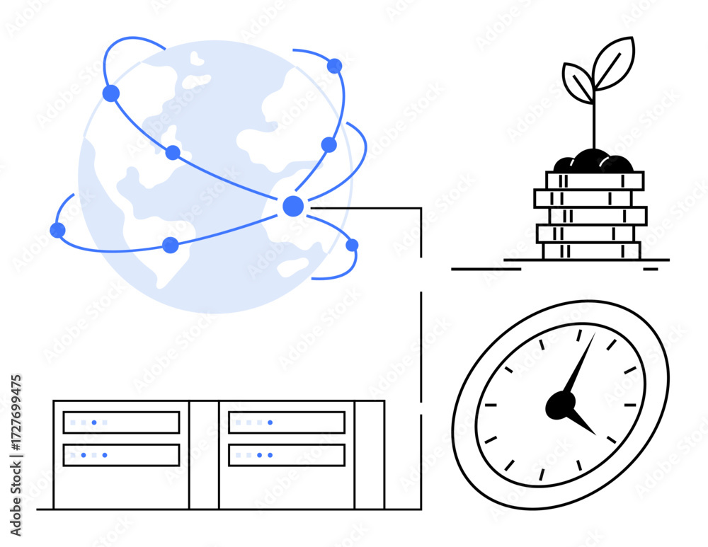 Poster globe with interconnected points, a stack of coins with a sprout, clock, and servers. ideal for glob