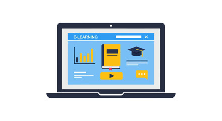 Modern Laptop Displaying E-Learning Platform with Book and Graduation Cap Icon.