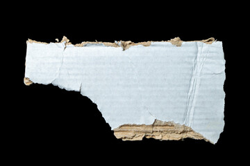 A torn piece of white paper lies against a black background, showcasing jagged edges and a textured surface, ideal for creative backgrounds and textual overlays.
