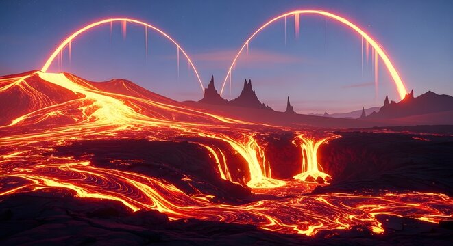 Stunning volcanic landscape with flowing lava rivers and glowing arches under a twilight sky, perfect for fantasy or sci-fi concepts and vibrant backgrounds