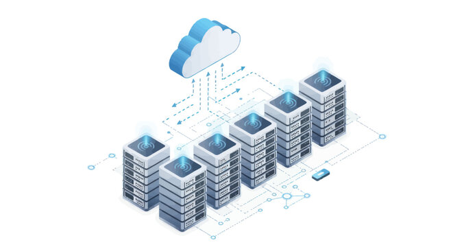 Isometric Cloud Computing and Data Center Network Illustration.
