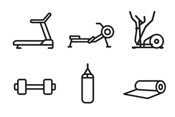 Minimalist home gym equipment icons: treadmill, rower, bike, dumbbell, punching bag, yoga mat