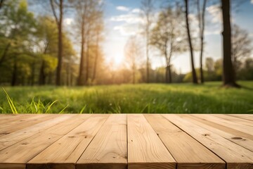 Wooden Table Surface in Sunlit Forest Clearing with Soft Focus Background wood surface