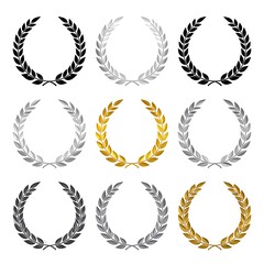 Nine laurel wreaths in varying shades of gray and gold