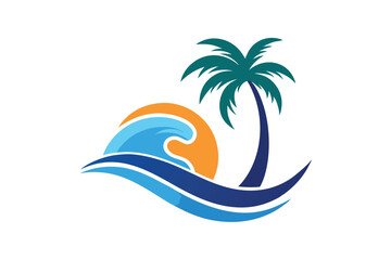 Turquoise palm tree stands beside blue waves and golden sun near shoreline