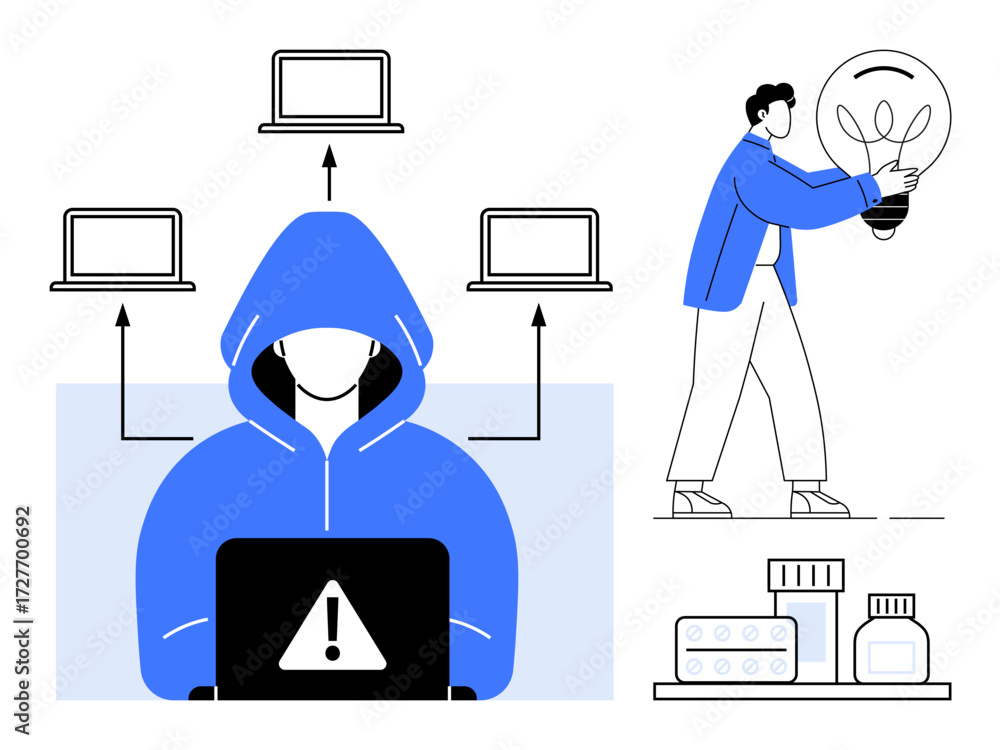 Poster hooded figure with laptop emitting warning symbol, arrows connecting multiple laptops, man carrying 