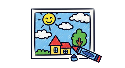 Childs Drawing of a House Sun Clouds and Tree with Crayon.
