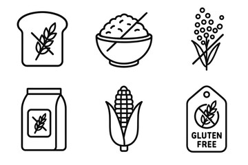Gluten-free icons: bread, rice, grains, corn, and label symbols in black and white