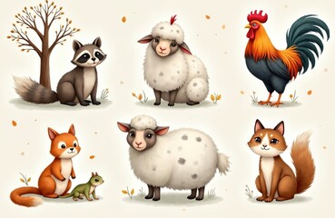Fototapeta premium Cute watercolor art featuring six animals raccoon, sheep, rooster, fox, lizard, cat. These charming creatures are depicted in simple, friendly style, perfect for children themes, educational content.