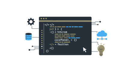 Computer code displayed on a dark screen with connected icons representing technology and data.