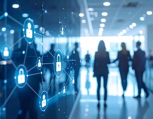 Blurred business people, security network