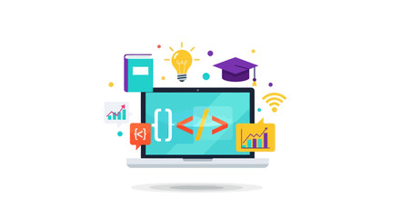 Online Coding Education: Laptop with Code Books and Graduation Cap.