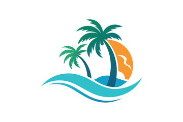 Two green palm trees stand above gentle ocean waves under the warm sun