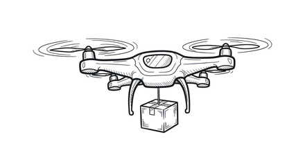 Drone Delivering Package: Sketch Illustration of Unmanned Aerial Vehicle with Box.