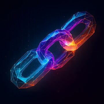 Digital blockchain link with abstract colorful geometric polygonal connections glowing on black