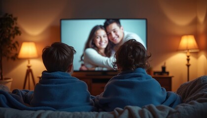 Two young children bundled in blue blankets watch TV together from a couch. Soft lamp light illuminates the cozy living room interior. They seem engrossed in the screen content.
